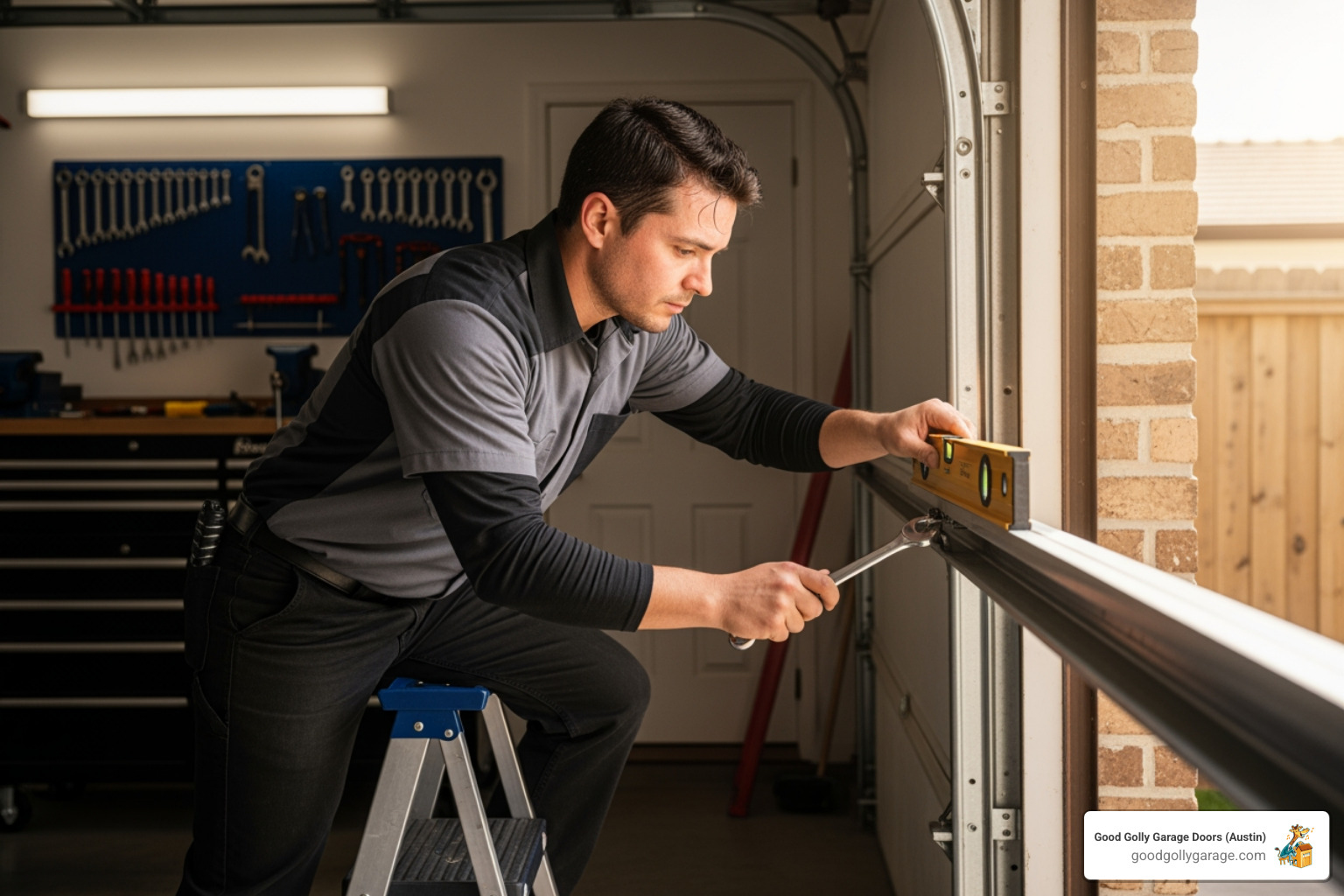 A garage door technician carefully aligning a garage door track - garage door installation in cedar park tx A garage door technician carefully aligning a garage door track - garage door installation in cedar park tx