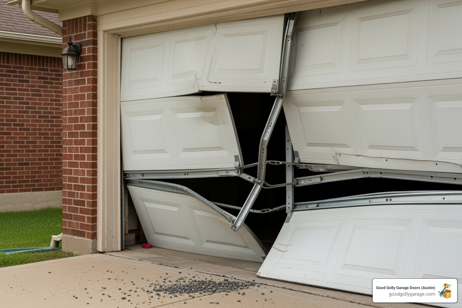 A garage door that is visibly crooked or off-track, with a bent track section - broken garage door repair in liberty hill tx A garage door that is visibly crooked or off-track, with a bent track section - broken garage door repair in liberty hill tx