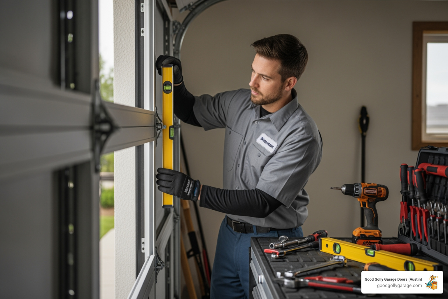 a professional garage door technician carefully installing a new garage door panel, ensuring proper alignment and safety, with tools neatly organized nearby - best garage door installation in georgetown tx a professional garage door technician carefully installing a new garage door panel, ensuring proper alignment and safety, with tools neatly organized nearby - best garage door installation in georgetown tx