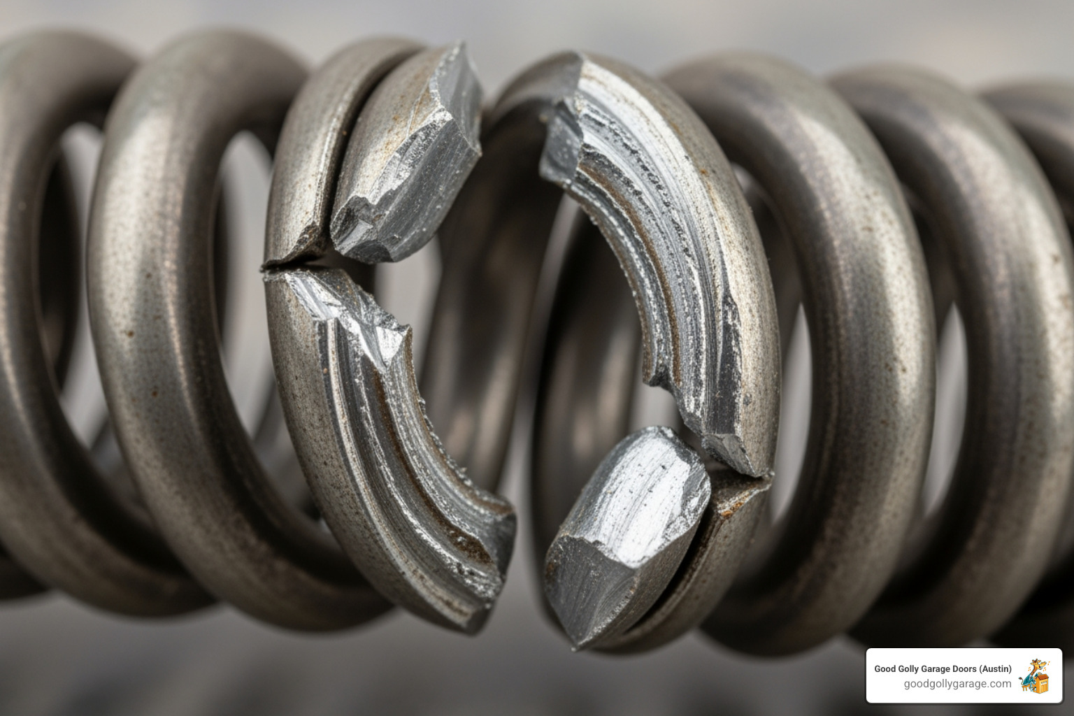 A close-up image of a broken garage door torsion spring, clearly showing the break in the coil - broken garage door repair in liberty hill tx A close-up image of a broken garage door torsion spring, clearly showing the break in the coil - broken garage door repair in liberty hill tx