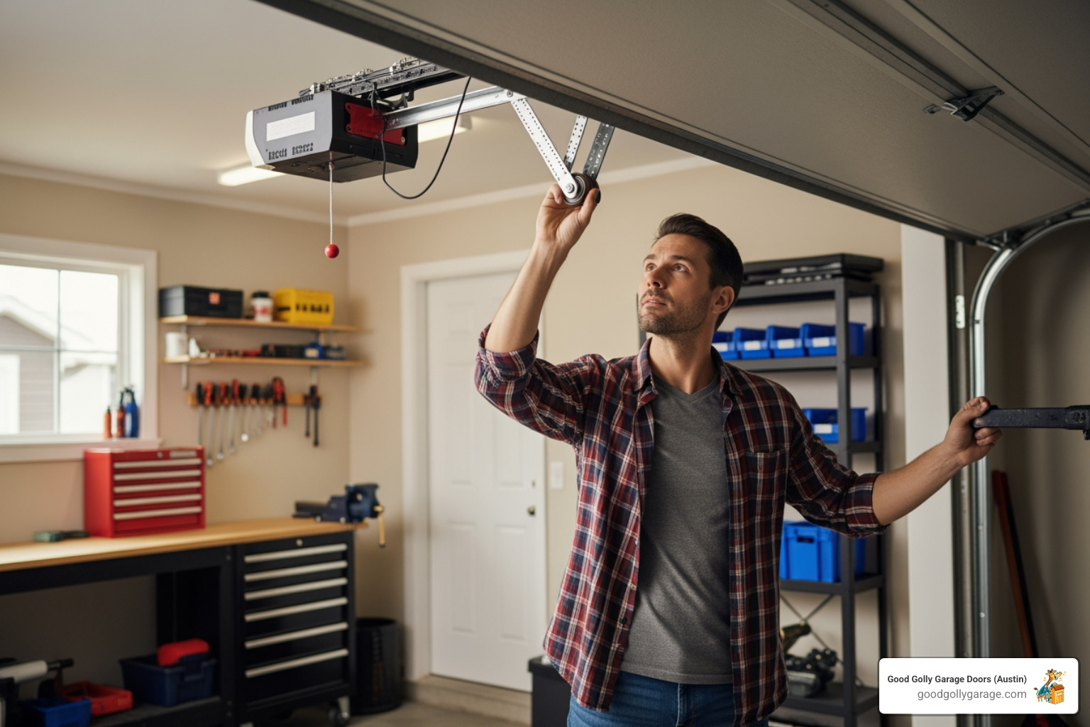 A homeowner performing a visual inspection of their garage door - emergency garage door opener installation in pflugerville tx A homeowner performing a visual inspection of their garage door - emergency garage door opener installation in pflugerville tx