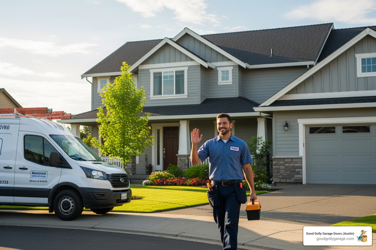 A friendly technician arriving in a service van - emergency garage door opener installation in pflugerville tx A friendly technician arriving in a service van - emergency garage door opener installation in pflugerville tx