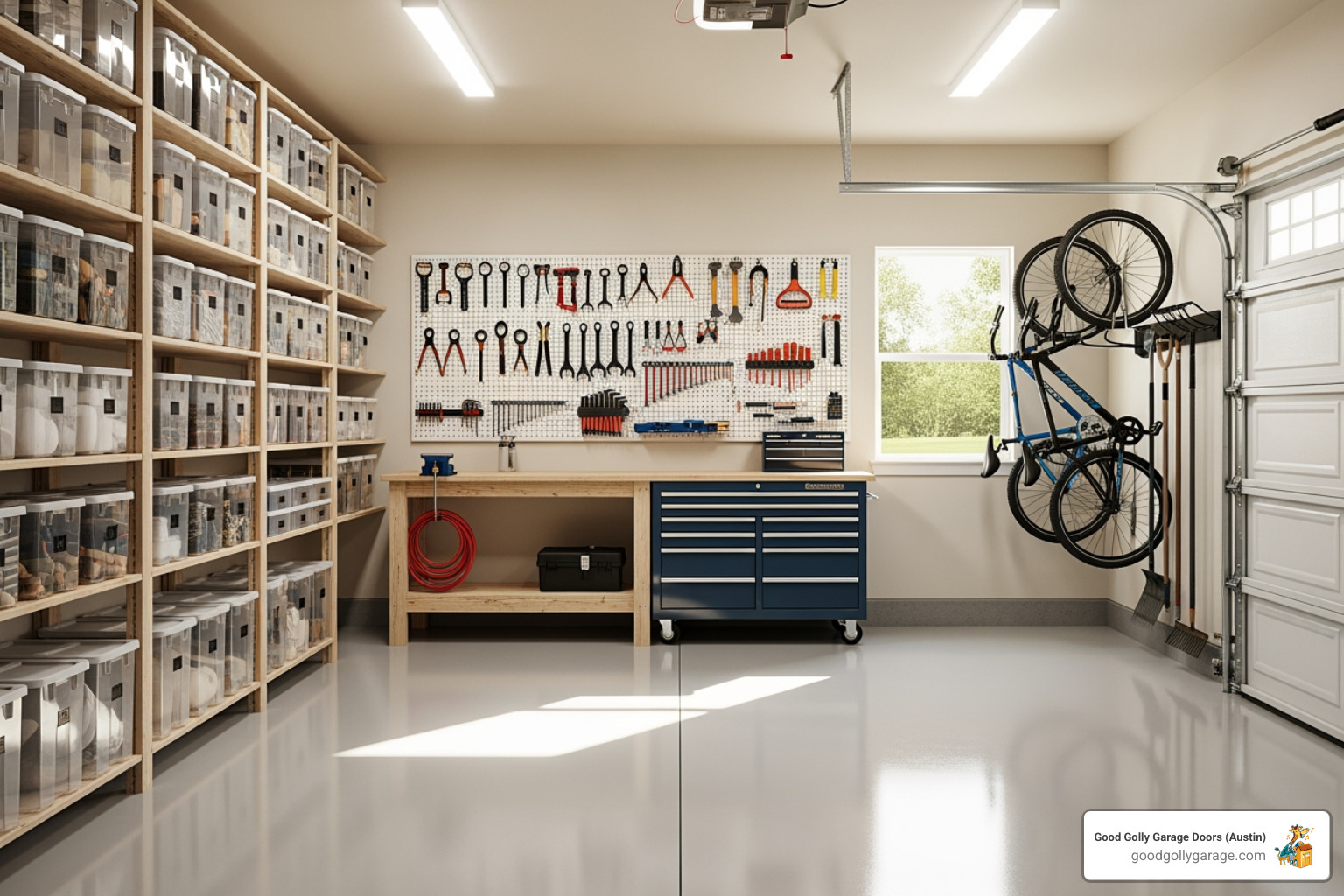 A clean, well-maintained, and organized garage in a Georgetown home, showcasing good preventative measures. - emergency garage door opener repair in georgetown tx A clean, well-maintained, and organized garage in a Georgetown home, showcasing good preventative measures. - emergency garage door opener repair in georgetown tx