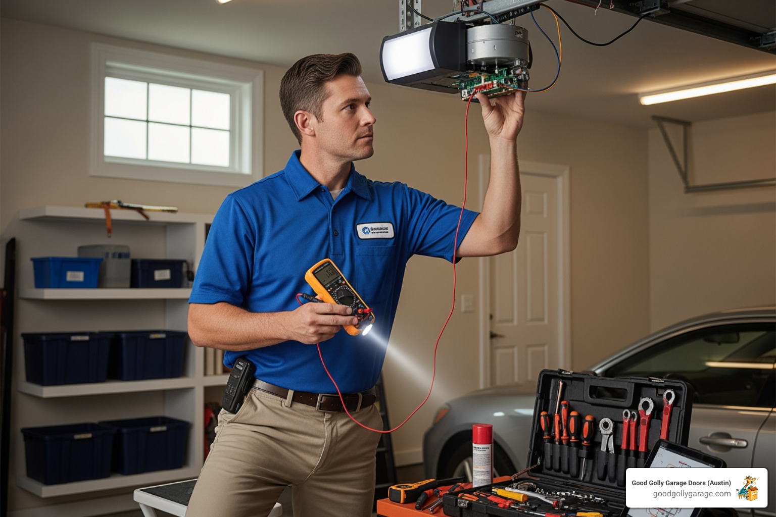 A technician in a professional uniform inspecting a garage door opener motor with diagnostic tools. - emergency garage door opener repair in georgetown tx A technician in a professional uniform inspecting a garage door opener motor with diagnostic tools. - emergency garage door opener repair in georgetown tx