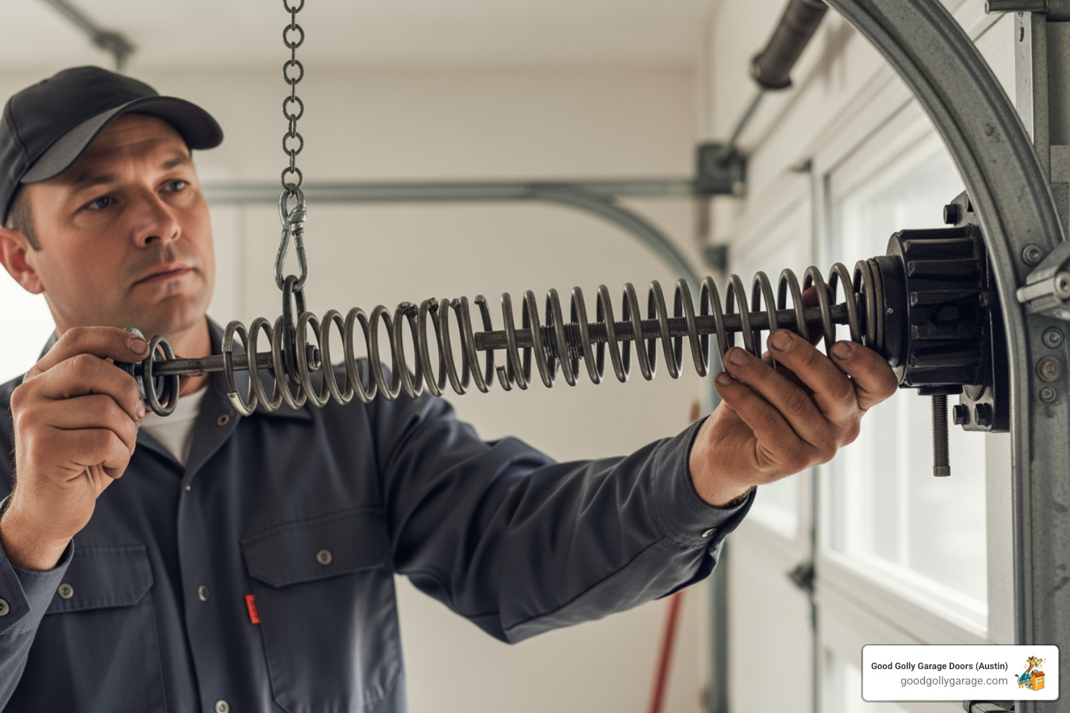 technician safely handling a high-tension torsion spring - Best Garage Door Installation in Bee Cave, TX technician safely handling a high-tension torsion spring - Best Garage Door Installation in Bee Cave, TX