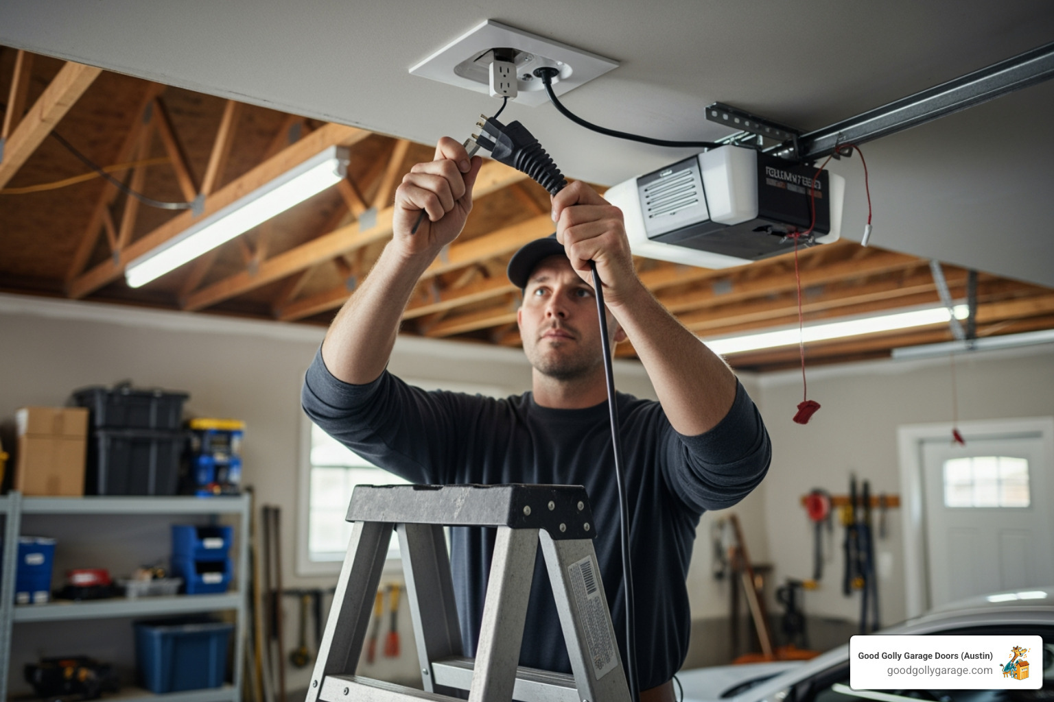 A homeowner safely unplugging their garage door opener from the ceiling outlet, demonstrating a crucial first step in securing a broken garage door - Emergency Broken Garage Door In Lakeway TX A homeowner safely unplugging their garage door opener from the ceiling outlet, demonstrating a crucial first step in securing a broken garage door - Emergency Broken Garage Door In Lakeway TX