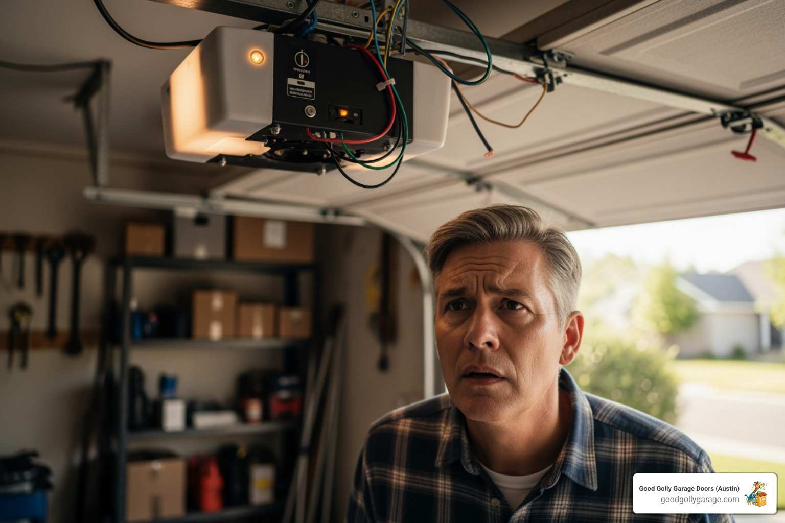 A homeowner listening intently to a noisy garage door opener, concern visible on their face - garage door opener repair in pflugerville tx A homeowner listening intently to a noisy garage door opener, concern visible on their face - garage door opener repair in pflugerville tx