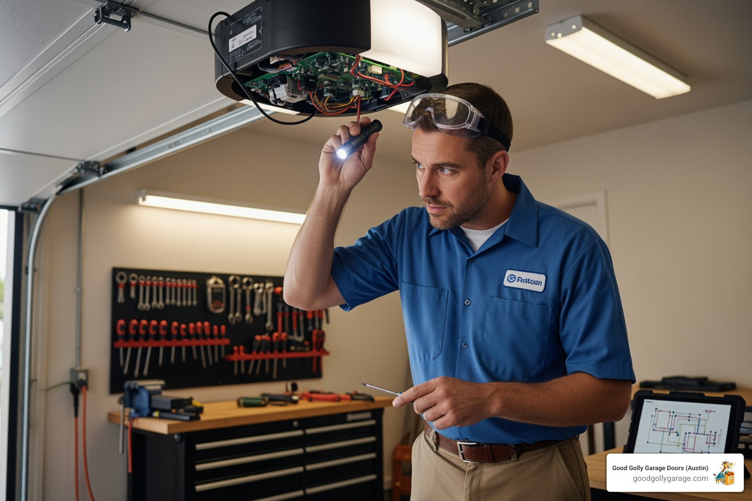 A professional technician, wearing a clean uniform, is carefully inspecting the internal components of a garage door opener, with safety goggles on - garage door opener repair in pflugerville tx A professional technician, wearing a clean uniform, is carefully inspecting the internal components of a garage door opener, with safety goggles on - garage door opener repair in pflugerville tx