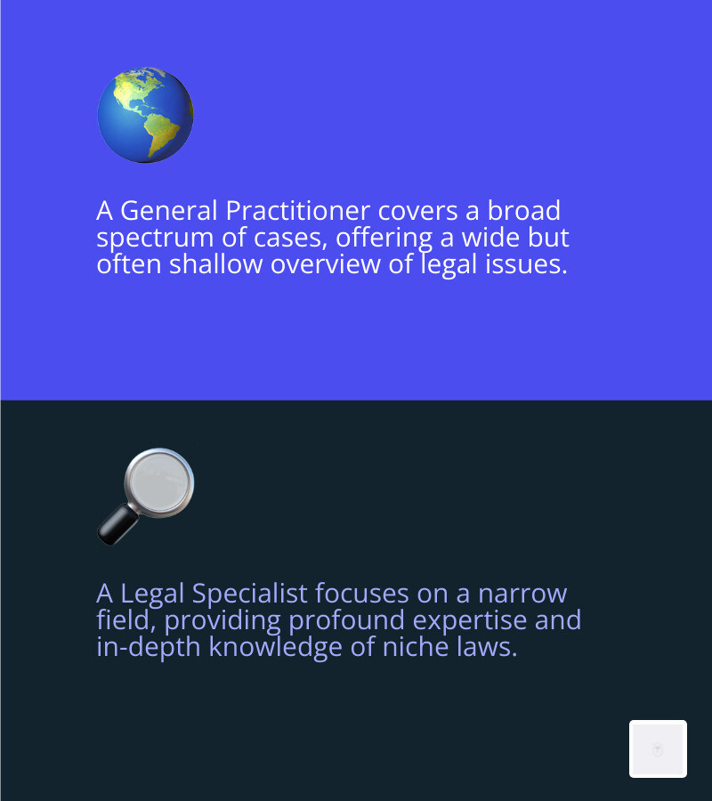 Infographic comparing general vs. specialized legal services: a wide, shallow pool for general practice vs. a narrow, deep well for specialized practice - specialized legal services infographic 2_facts_emoji_blue