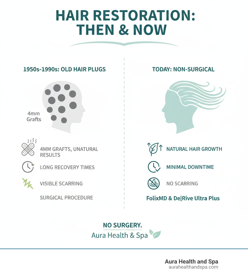 Infographic comparing old hair plug procedures (1950s-1990s) showing large 4mm grafts with unnatural results, long recovery times, and visible scarring versus modern non-surgical hair restoration treatments at Aura Health & Spa featuring FolixMD and De|Rive Ultra Plus therapies that stimulate natural hair growth, require no surgery, have minimal downtime, and produce natural-looking results with no scarring - what are hair plugs infographic 