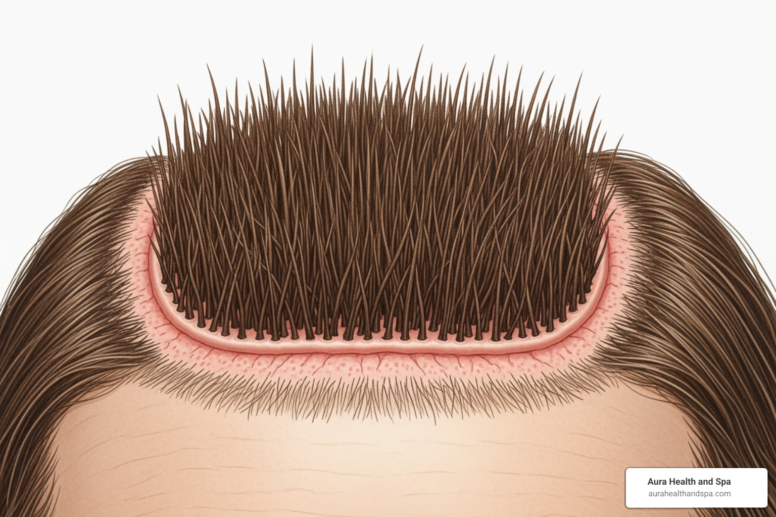 Illustration of an old hair plug with a circular patch of hair standing unnaturally upright, resembling doll hair, on a scalp - what are hair plugs