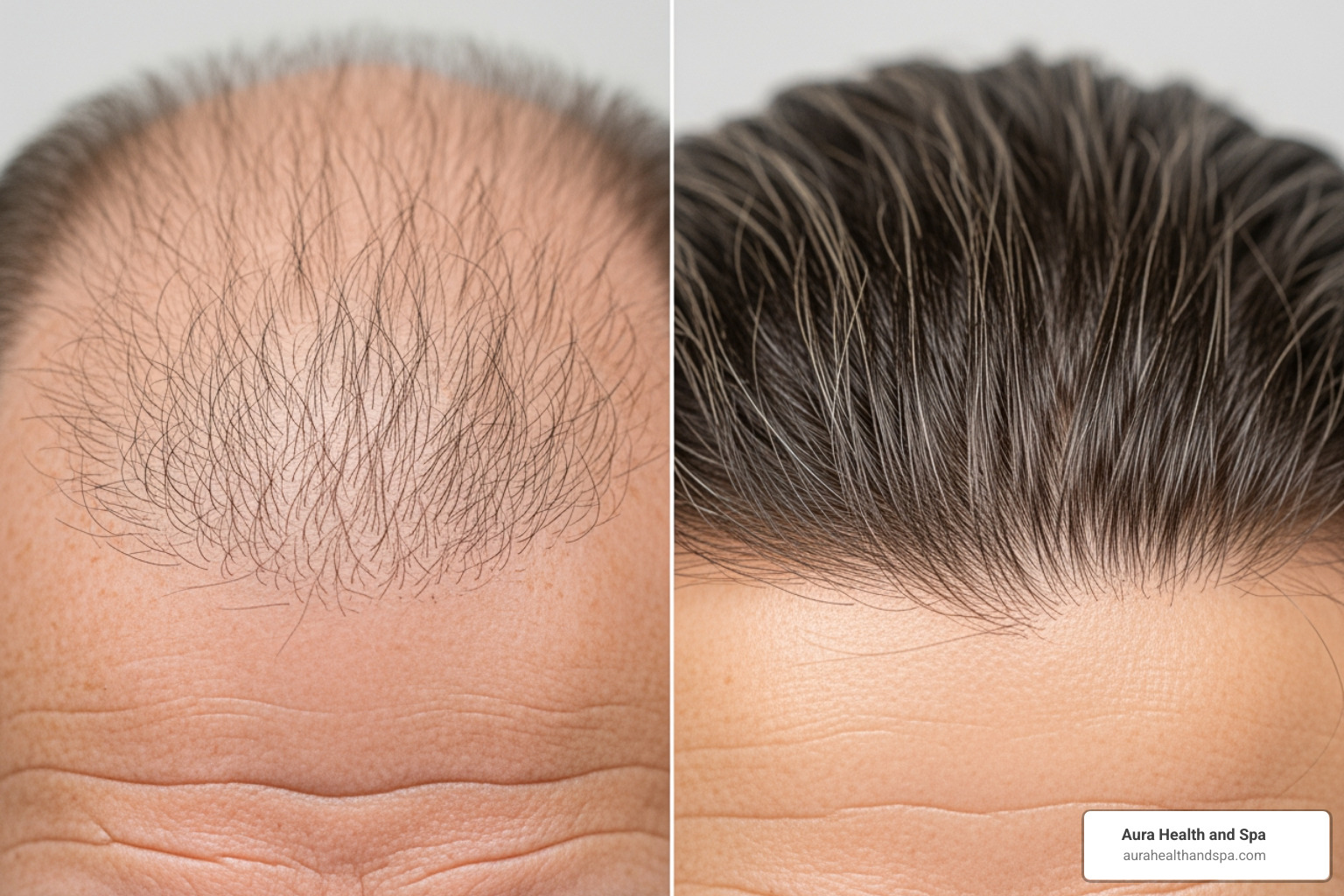 Side-by-side comparison of an older hair plug graft with a few coarse, isolated hairs, next to a healthy, naturally restored scalp with fine, dense, and well-integrated hair growth achieved through non-surgical methods - what are hair plugs