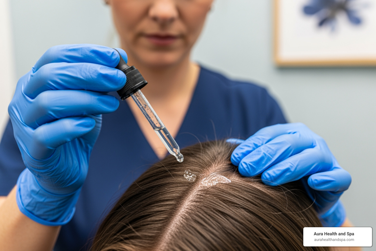 A close-up image of a licensed provider at Aura Health & Spa in Plymouth, MI, gently applying a specialized hair restoration serum to a client's scalp, highlighting the non-invasive nature of the treatment - what are hair plugs
