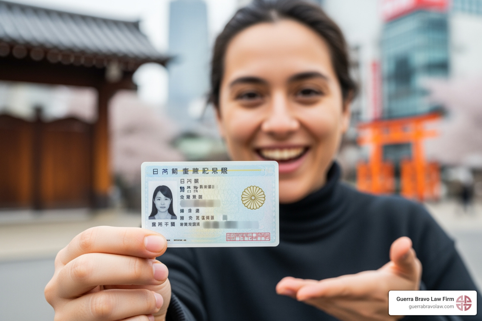person successfully receiving their Japanese residence card with a smile - japanese immigration lawyers