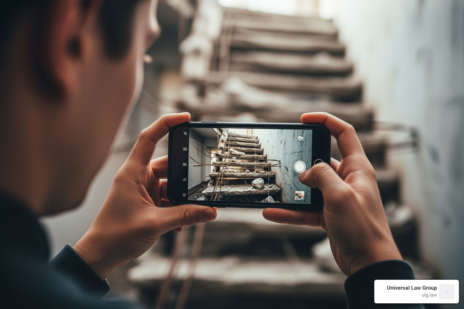 person using smartphone to photograph a broken staircase - houston premises liability lawyer