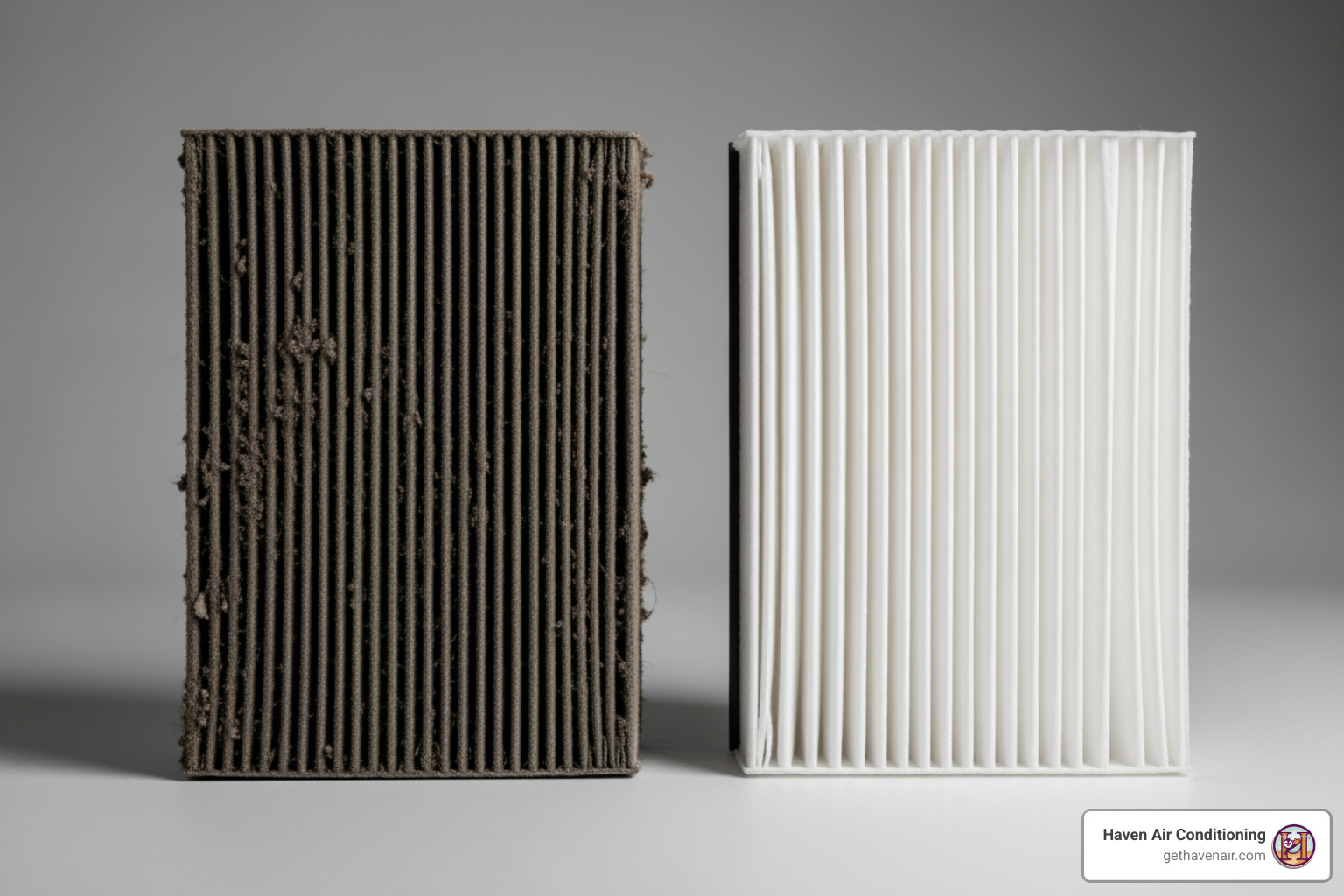 A dirty, clogged air filter sits next to a brand new, clean air filter, illustrating the difference - residential duct cleaning cost A dirty, clogged air filter sits next to a brand new, clean air filter, illustrating the difference - residential duct cleaning cost