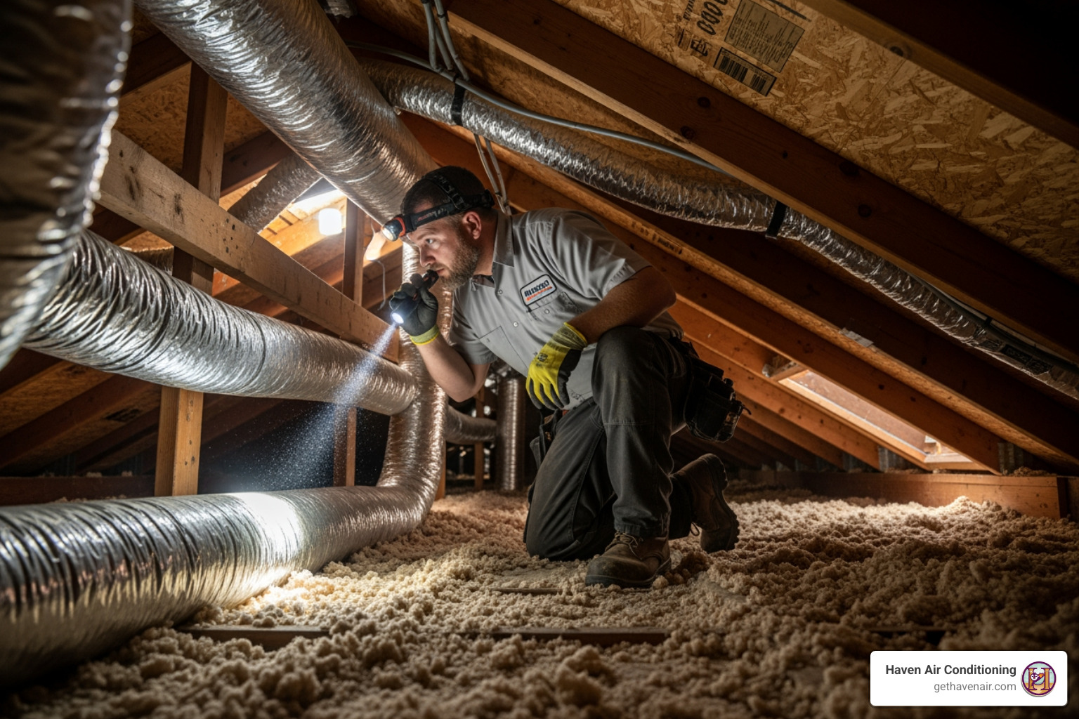 Technician inspecting ductwork in a cramped attic space - residential duct cleaning cost Technician inspecting ductwork in a cramped attic space - residential duct cleaning cost