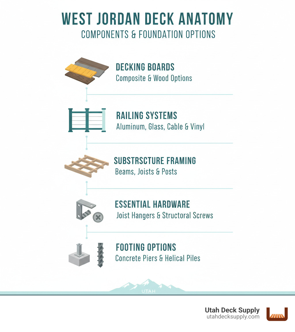 Comprehensive breakdown of deck components showing decking boards, railing systems, substructure framing, essential hardware including joist hangers and structural screws, and footing options for West Jordan deck projects - deck supplies West Jordan infographic Comprehensive breakdown of deck components showing decking boards, railing systems, substructure framing, essential hardware including joist hangers and structural screws, and footing options for West Jordan deck projects - deck supplies West Jordan infographic
