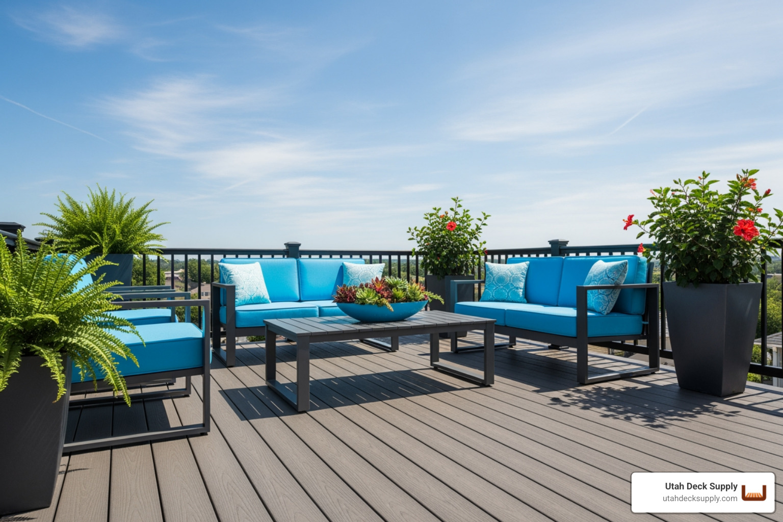 A vibrant, low-maintenance composite deck with outdoor furniture, demonstrating fade and stain resistance - deck supplies West Jordan A vibrant, low-maintenance composite deck with outdoor furniture, demonstrating fade and stain resistance - deck supplies West Jordan