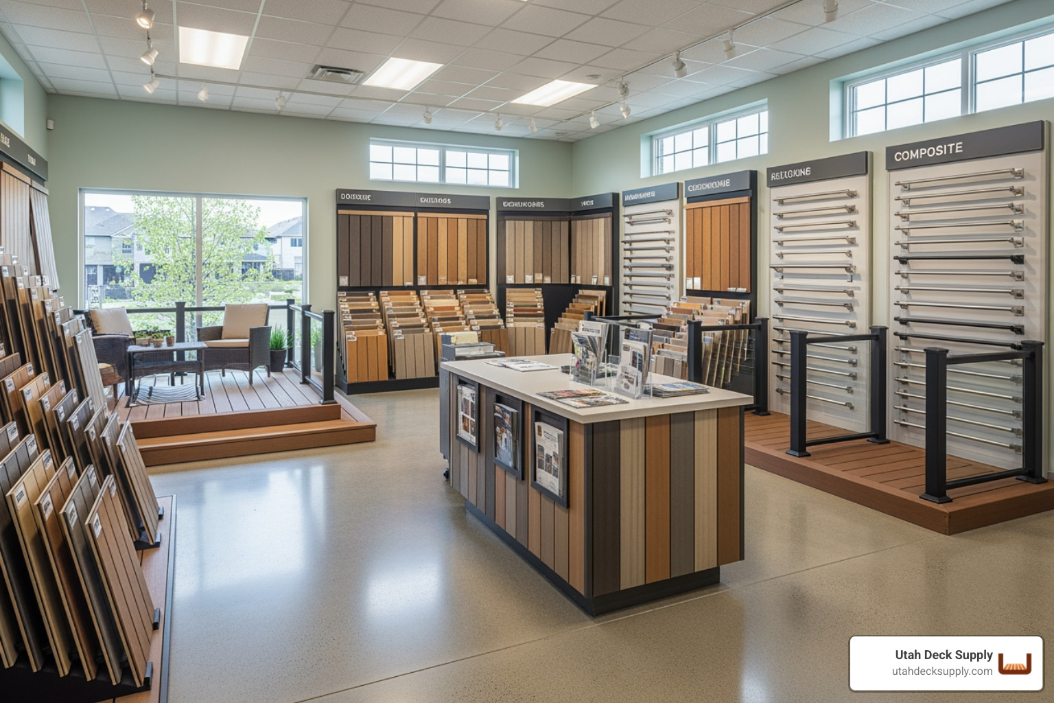 A bright and welcoming showroom displaying various composite decking samples and railing options - deck supplies West Jordan A bright and welcoming showroom displaying various composite decking samples and railing options - deck supplies West Jordan