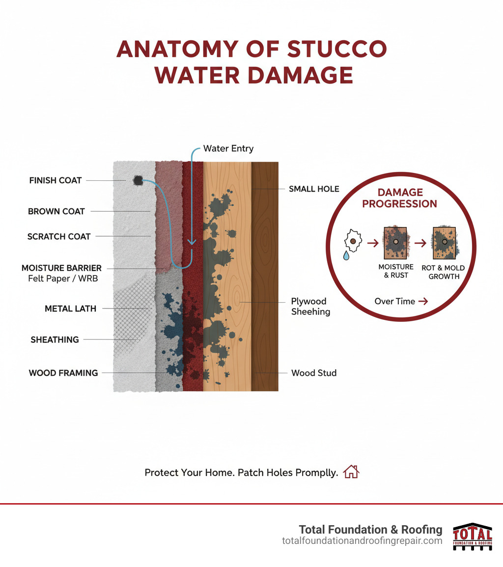 Infographic showing cross-section of stucco wall with labeled layers including finish coat, brown coat, scratch coat, metal lath, moisture barrier, and sheathing. Arrows demonstrate how water enters through a small hole and travels behind the stucco, causing damage to lath, felt paper, and wood framing. Includes callout showing progression from small hole to rot and mold growth over time. - patching stucco holes infographic 