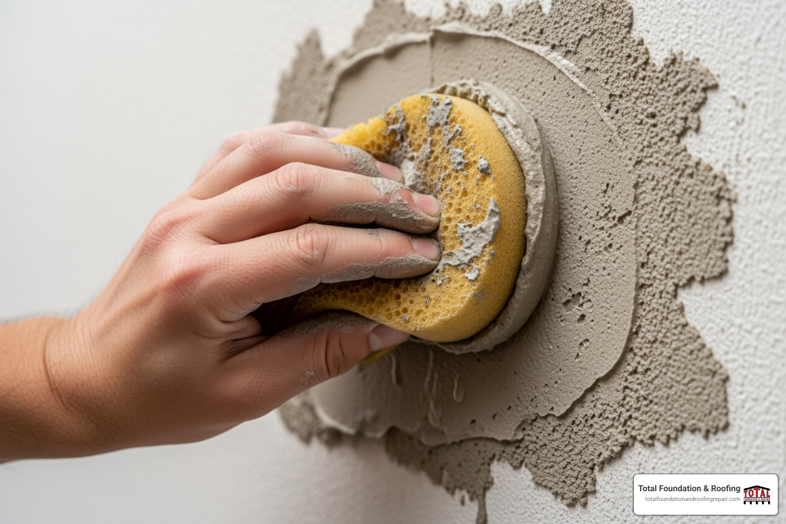 Blending stucco patch with a damp sponge - patching stucco holes