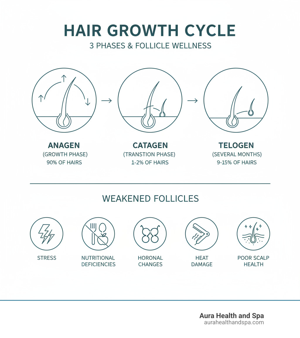 infographic explaining the three stages of the hair growth cycle: anagen (growth phase lasting 3-7 years, 90% of hairs), catagen (transition phase lasting 2-4 weeks, 1-2% of hairs), and telogen (resting phase lasting several months, 9-15% of hairs), plus common factors that weaken follicles including stress, nutritional deficiencies, hormonal changes, heat damage, and poor scalp health - boost hair follicles infographic 