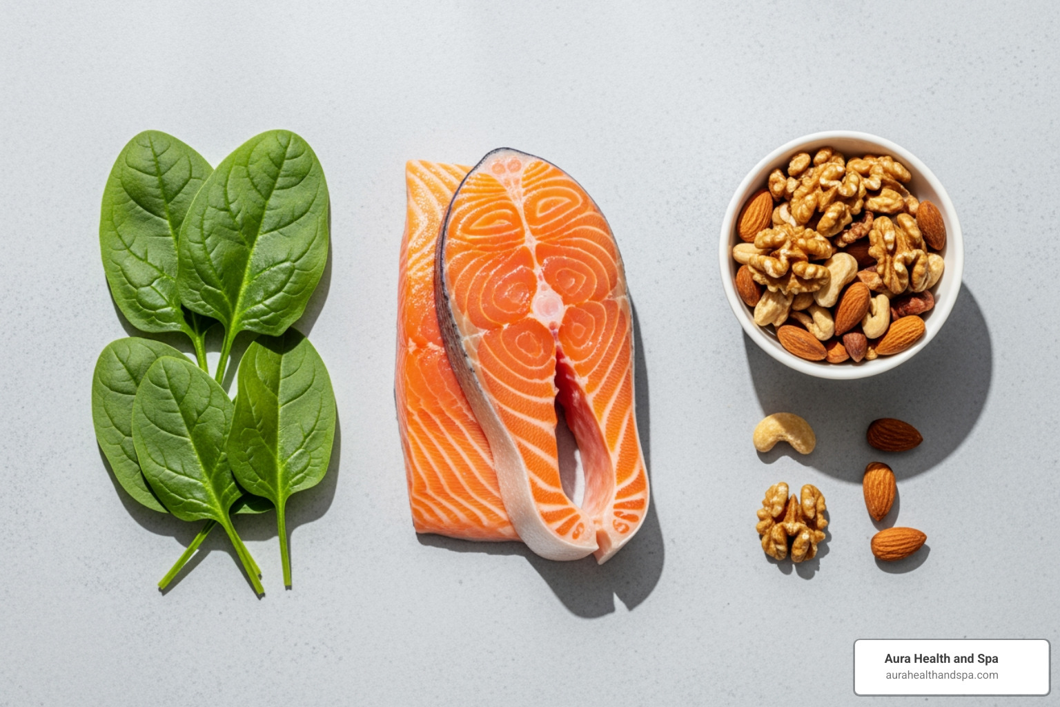 of various nutrient-rich foods for hair health like salmon, spinach, and nuts - boost hair follicles