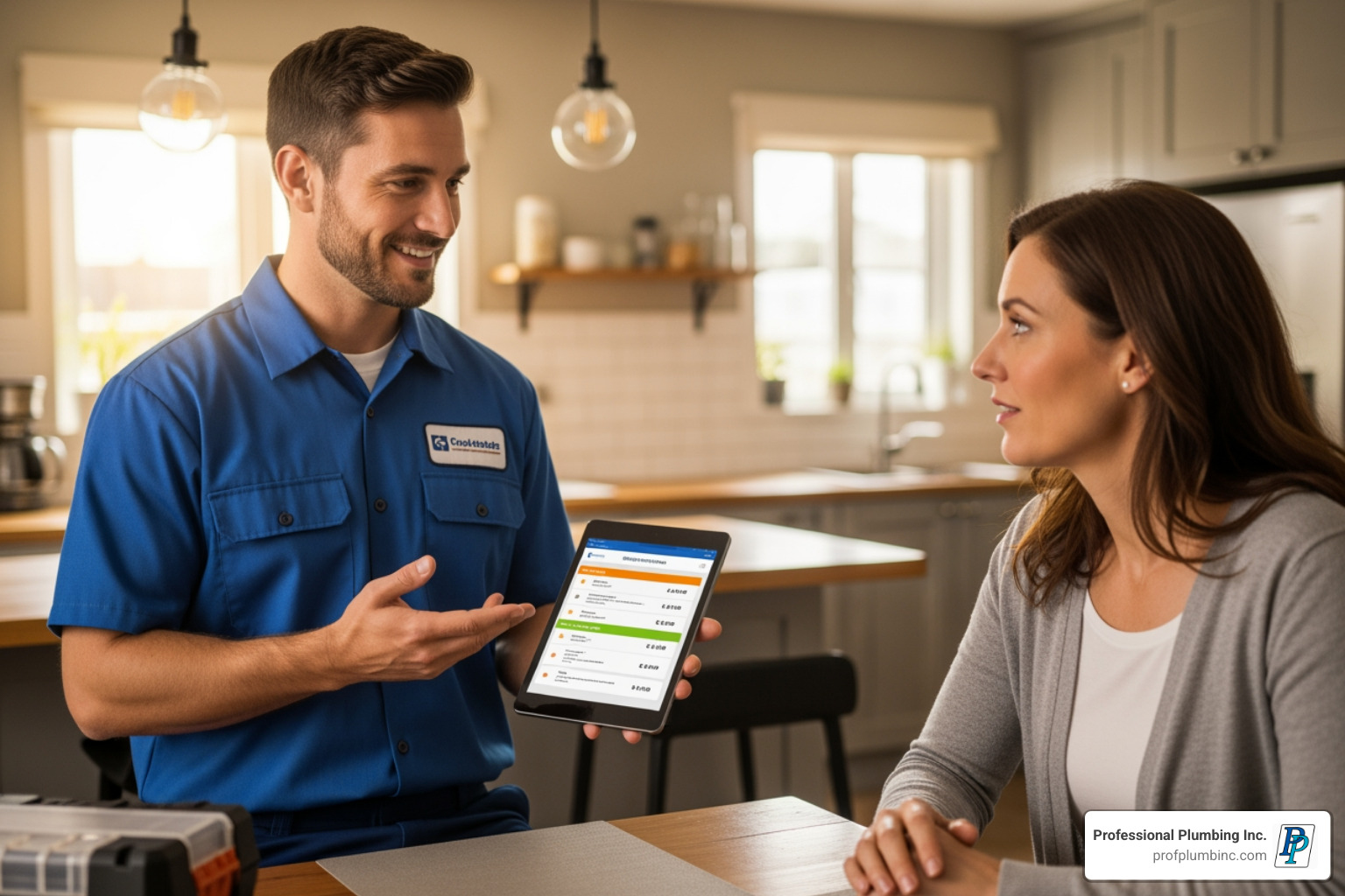 friendly plumber providing quote to homeowner - water heater prices