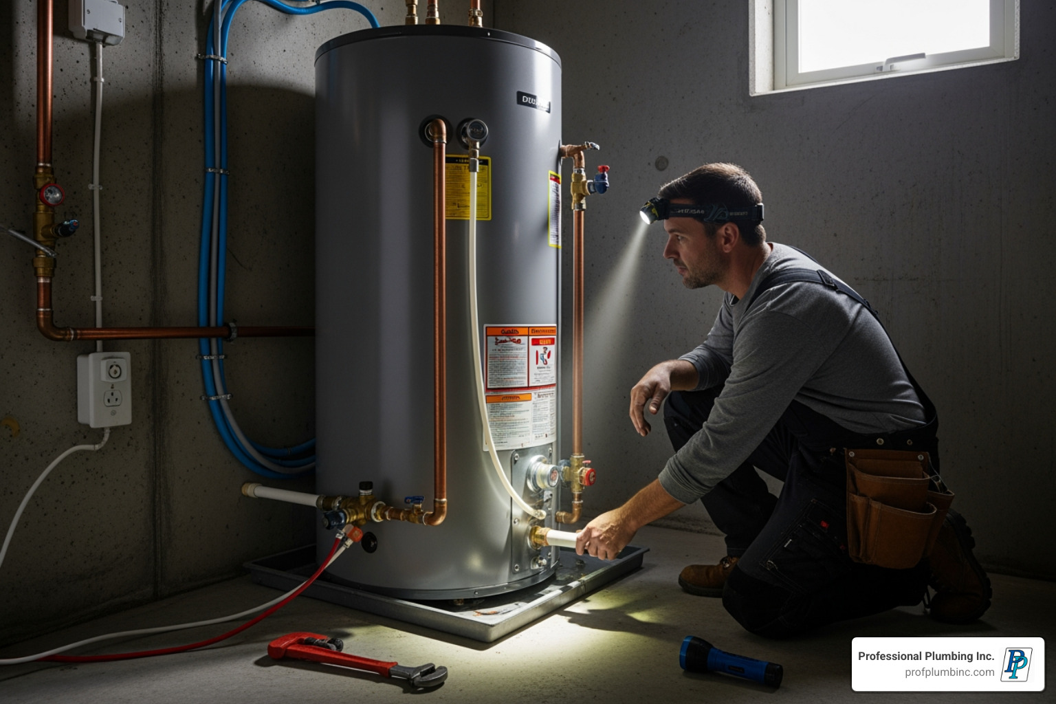plumber inspecting water heater installation area - water heater prices