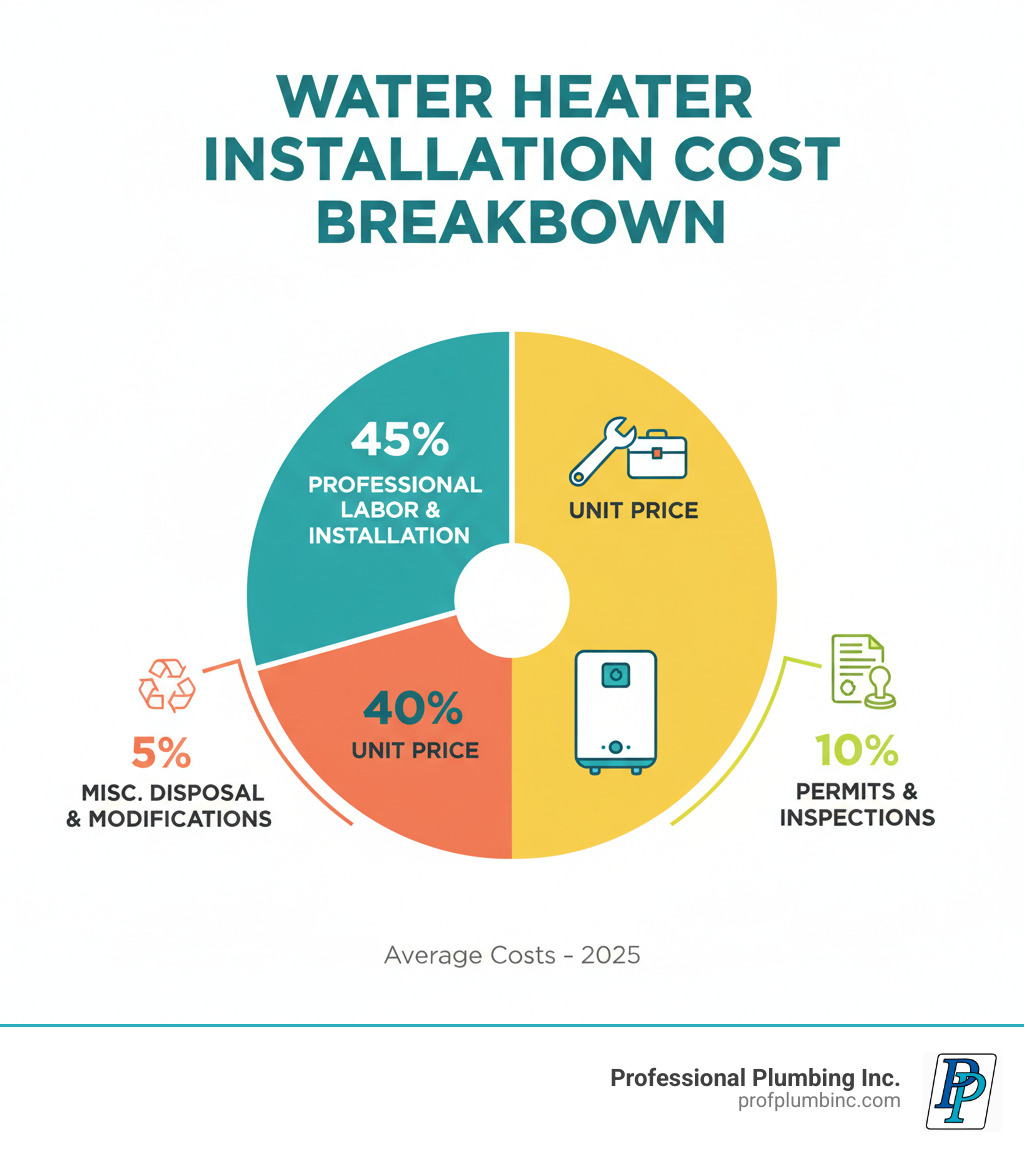 infographic showing water heater cost breakdown: 40% unit price, 45% professional labor and installation, 10% permits and inspections, 5% miscellaneous costs like disposal and modifications - water heater prices infographic 