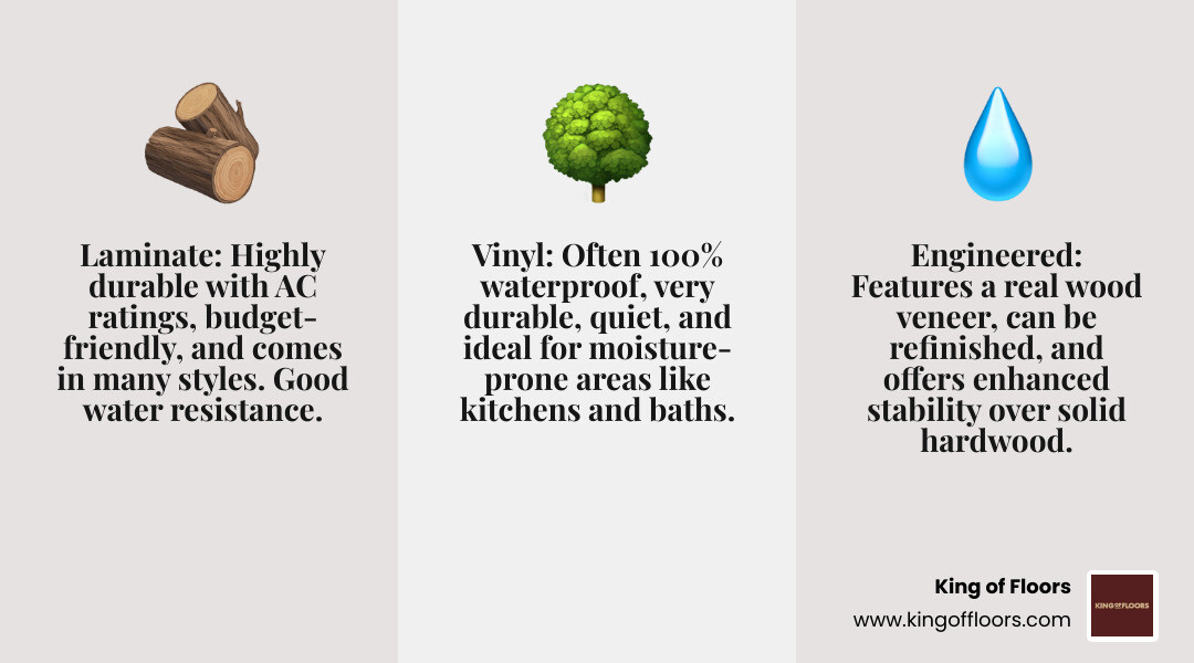 Infographic explaining the key differences between laminate flooring, engineered hardwood flooring, and vinyl flooring. It details durability ratings, water resistance, typical installation methods, and ideal room applications for each type. - exclusive floors surrey bc infographic 3_facts_emoji_gray Infographic explaining the key differences between laminate flooring, engineered hardwood flooring, and vinyl flooring. It details durability ratings, water resistance, typical installation methods, and ideal room applications for each type. - exclusive floors surrey bc infographic 3_facts_emoji_gray