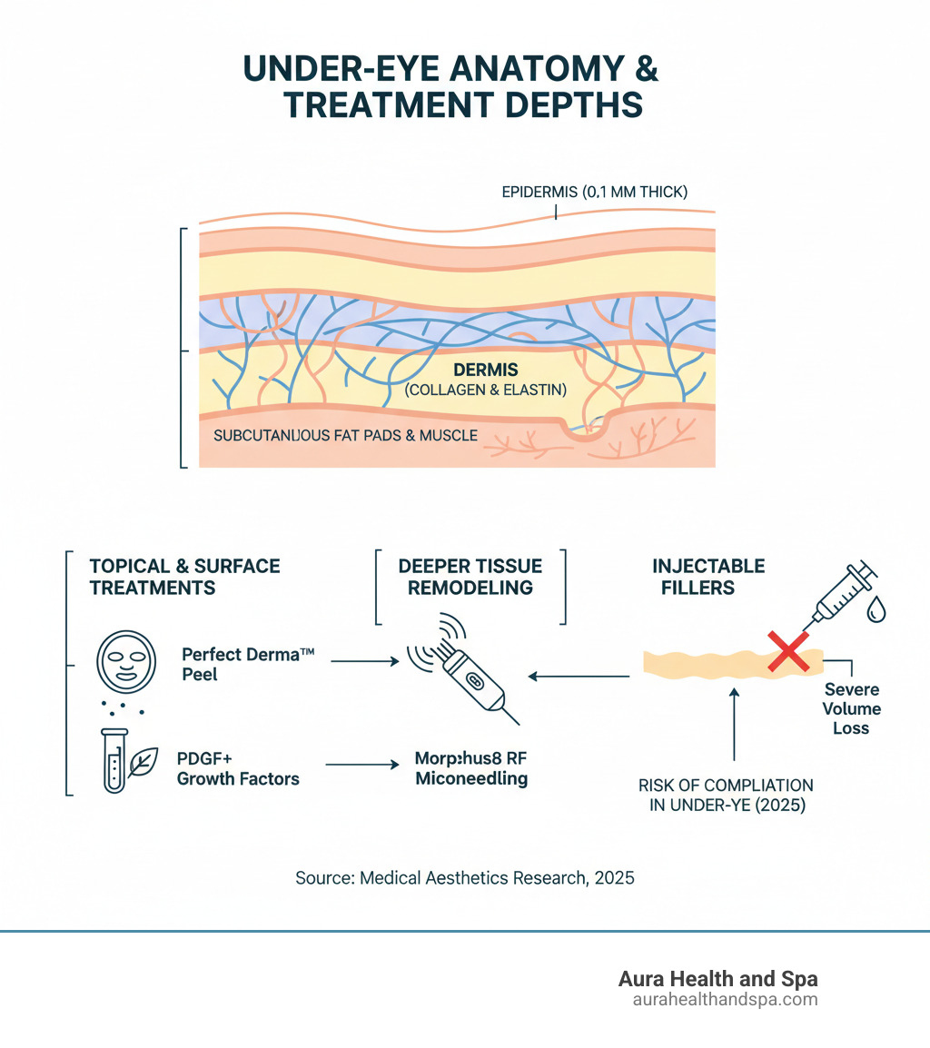 detailed infographic showing the anatomy of the under-eye area, including skin thickness, fat pads, and how different treatments work at various depths - comparing injectable fillers versus collagen-stimulating treatments like Morpheus8, Perfect Derma Peel, and PDGF+ with their mechanisms of action and target layers - filler for wrinkles around eyes infographic 