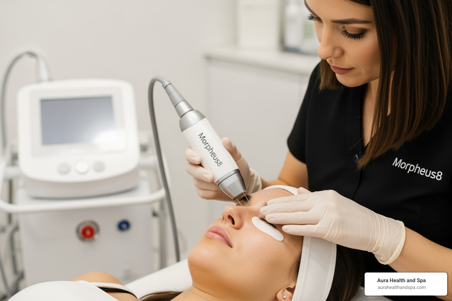 professional performing Morpheus8 RF microneedling treatment on a client's under-eye area, highlighting the precision and advanced technology - filler for wrinkles around eyes
