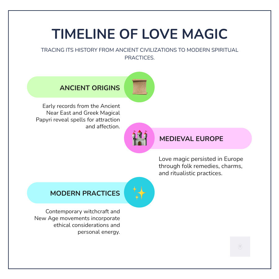 a timeline of love magic from Ancient Near East to modern witchcraft - ethical love spells explained infographic infographic-line-3-steps-colors