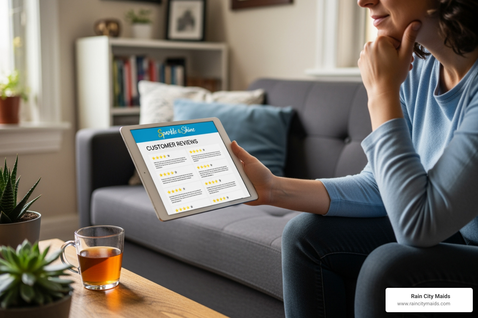 person reviewing cleaning service reviews on a tablet - "Find top-rated house cleaning services in Seattle."