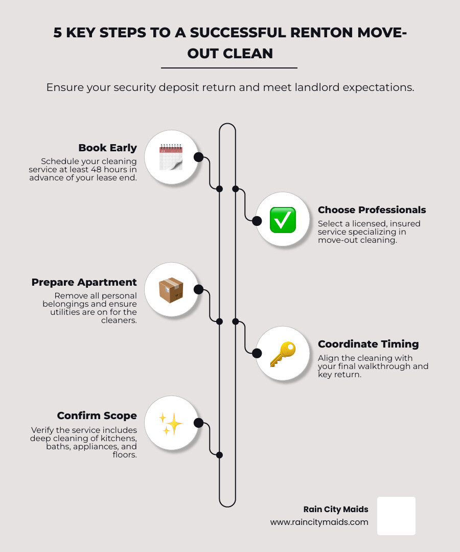 infographic showing the five key steps to a successful move-out clean: book early, choose a vetted professional, empty and prepare the apartment, conduct a deep top-to-bottom clean, and coordinate final walkthrough - "I need to schedule a move-out clean for my apartment in Renton." infographic infographic-line-5-steps-elegant_beige