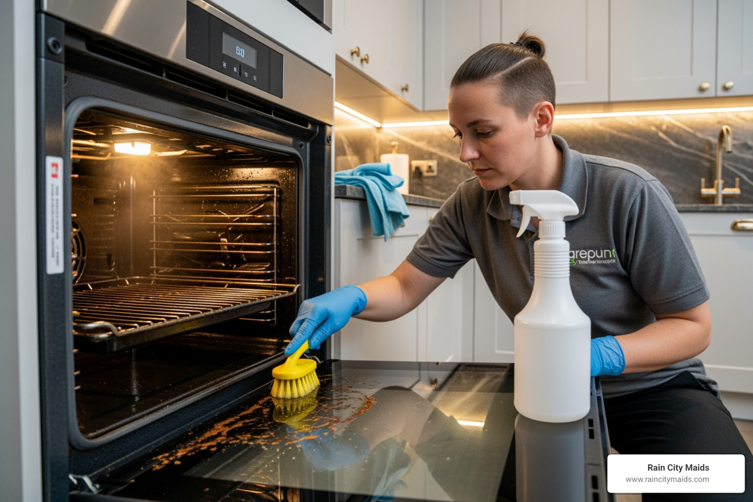 cleaner deep cleaning inside an oven - "I need to schedule a move-out clean for my apartment in Renton."