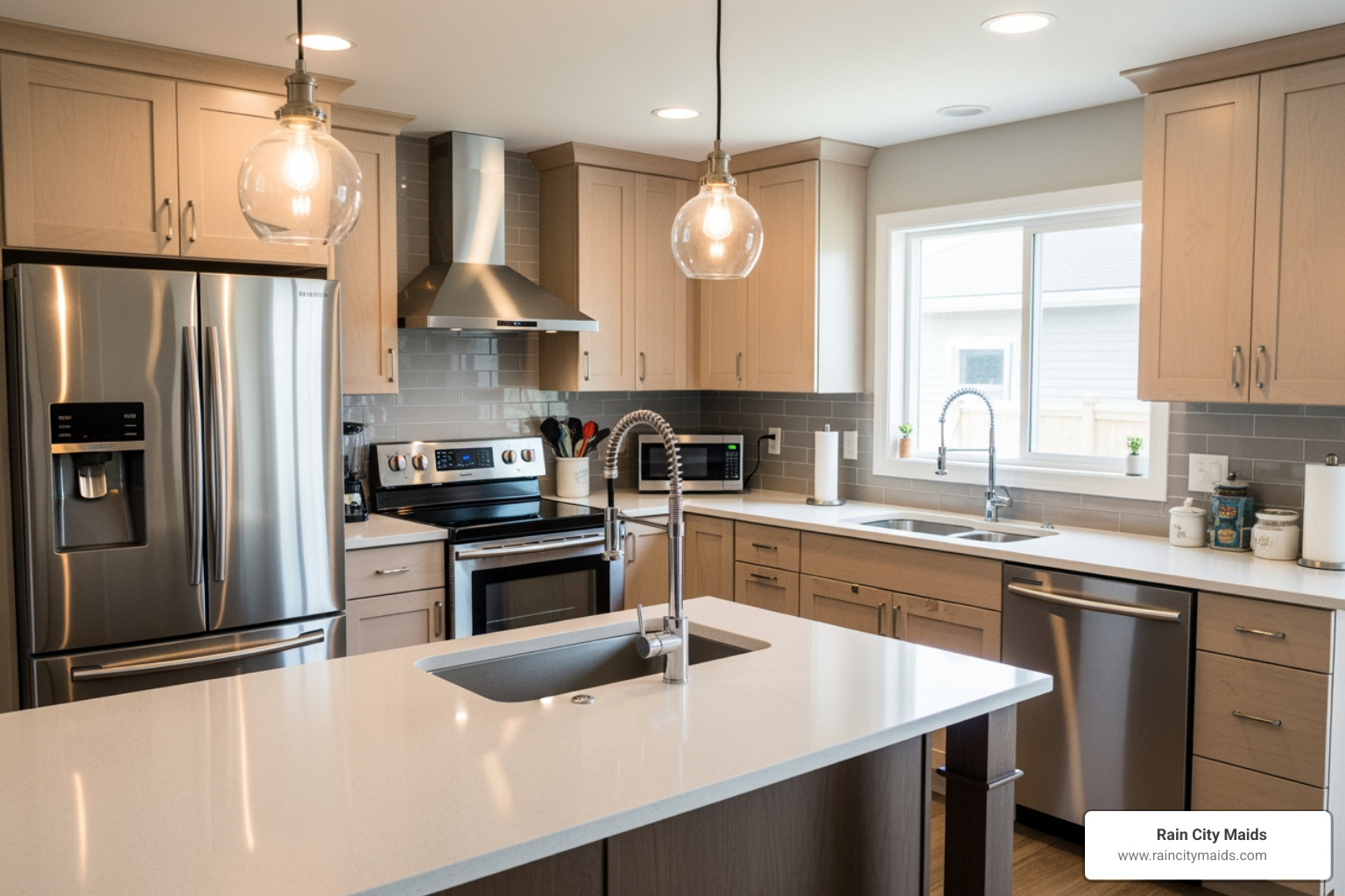 sparkling clean kitchen with gleaming stainless steel appliances and spotless countertops, highlighting the results of a deep clean - What are the best companies for a household deep cleaning in Redmond?"