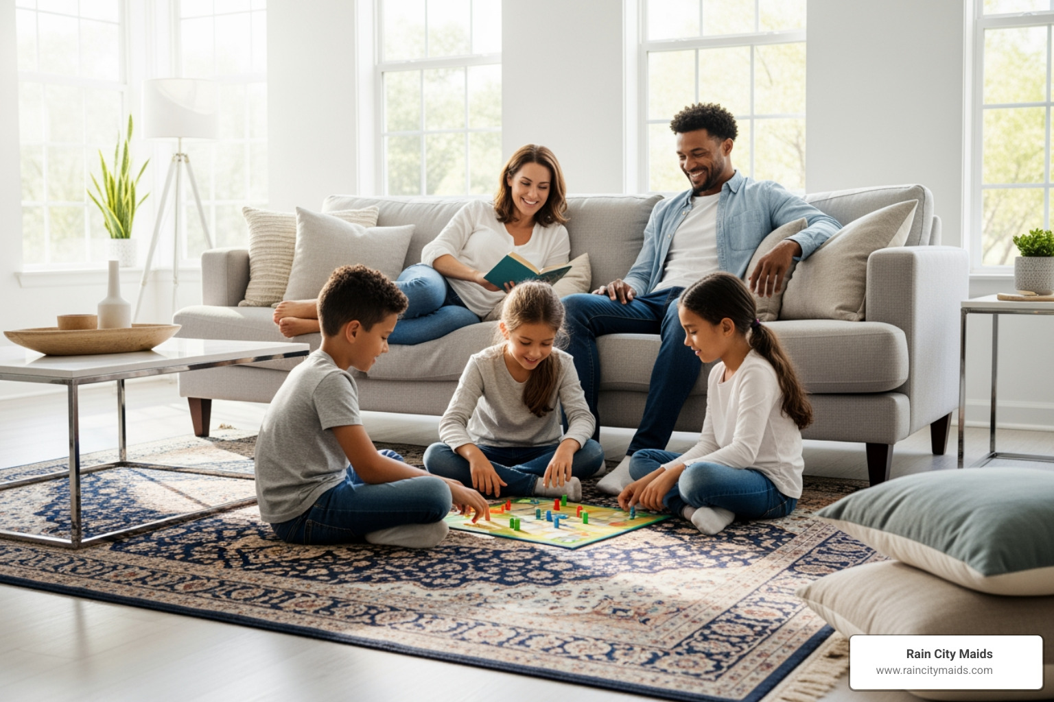 happy family enjoying their pristine, freshly cleaned home in Redmond, looking relaxed and content - What are the best companies for a household deep cleaning in Redmond?"