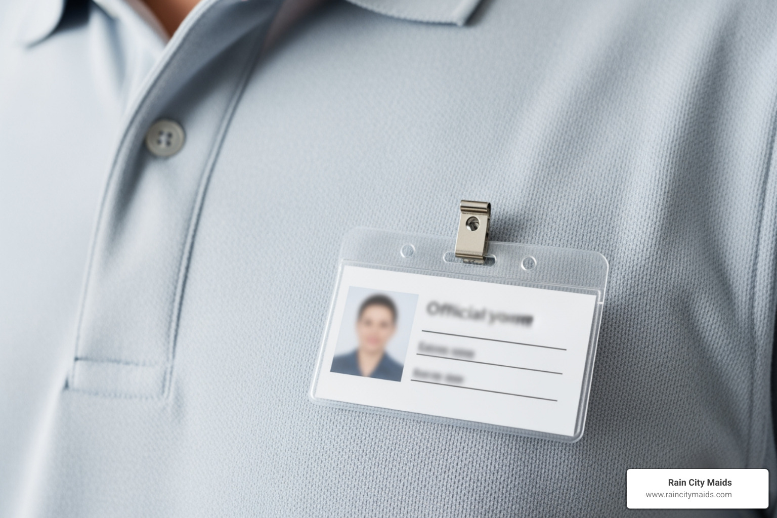 close-up of a cleaning professional's ID badge showing they are bonded and insured, symbolizing trust and reliability - What are the best companies for a household deep cleaning in Redmond?"
