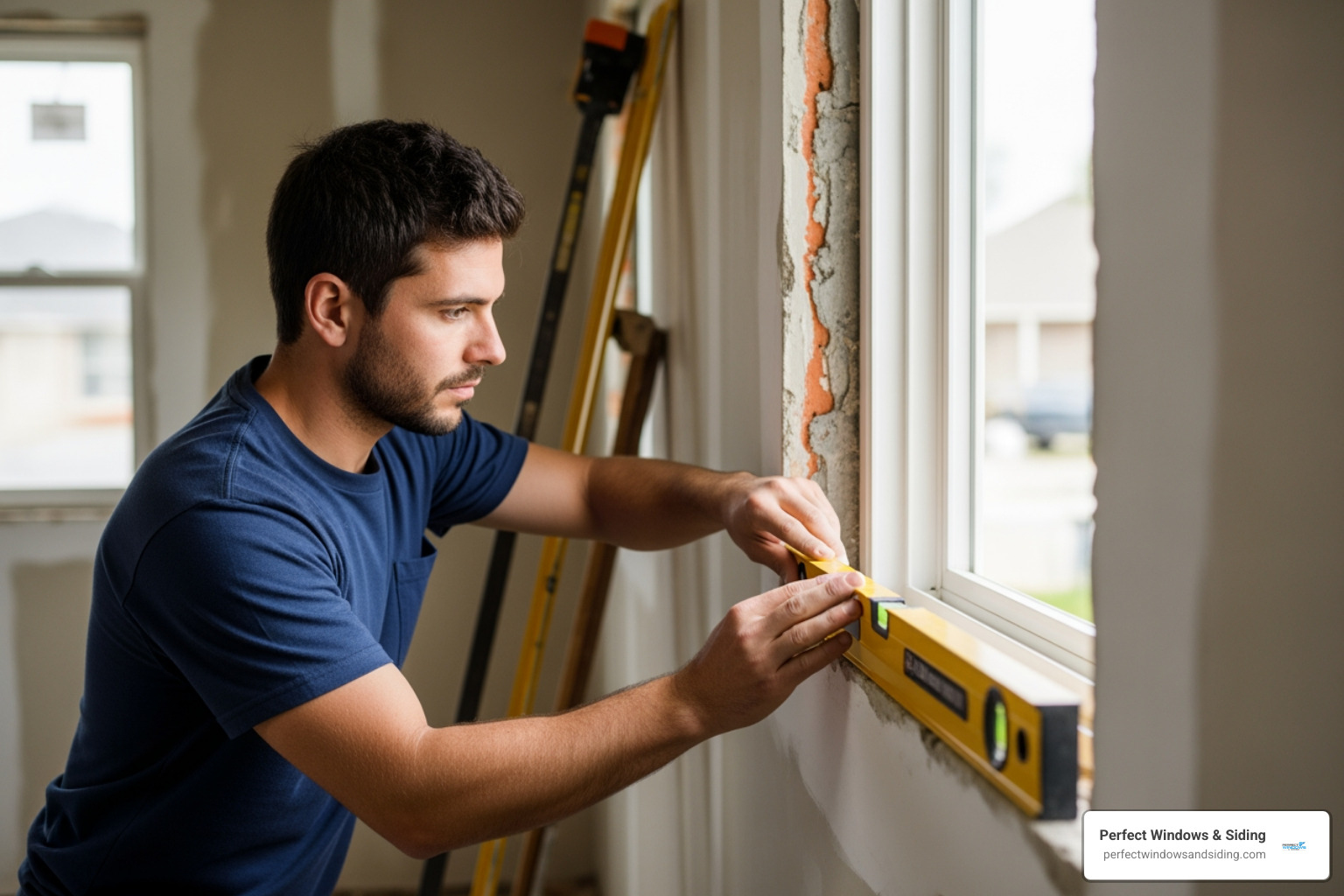 Installer using a level to perfectly position a new window in the opening - Window Installation