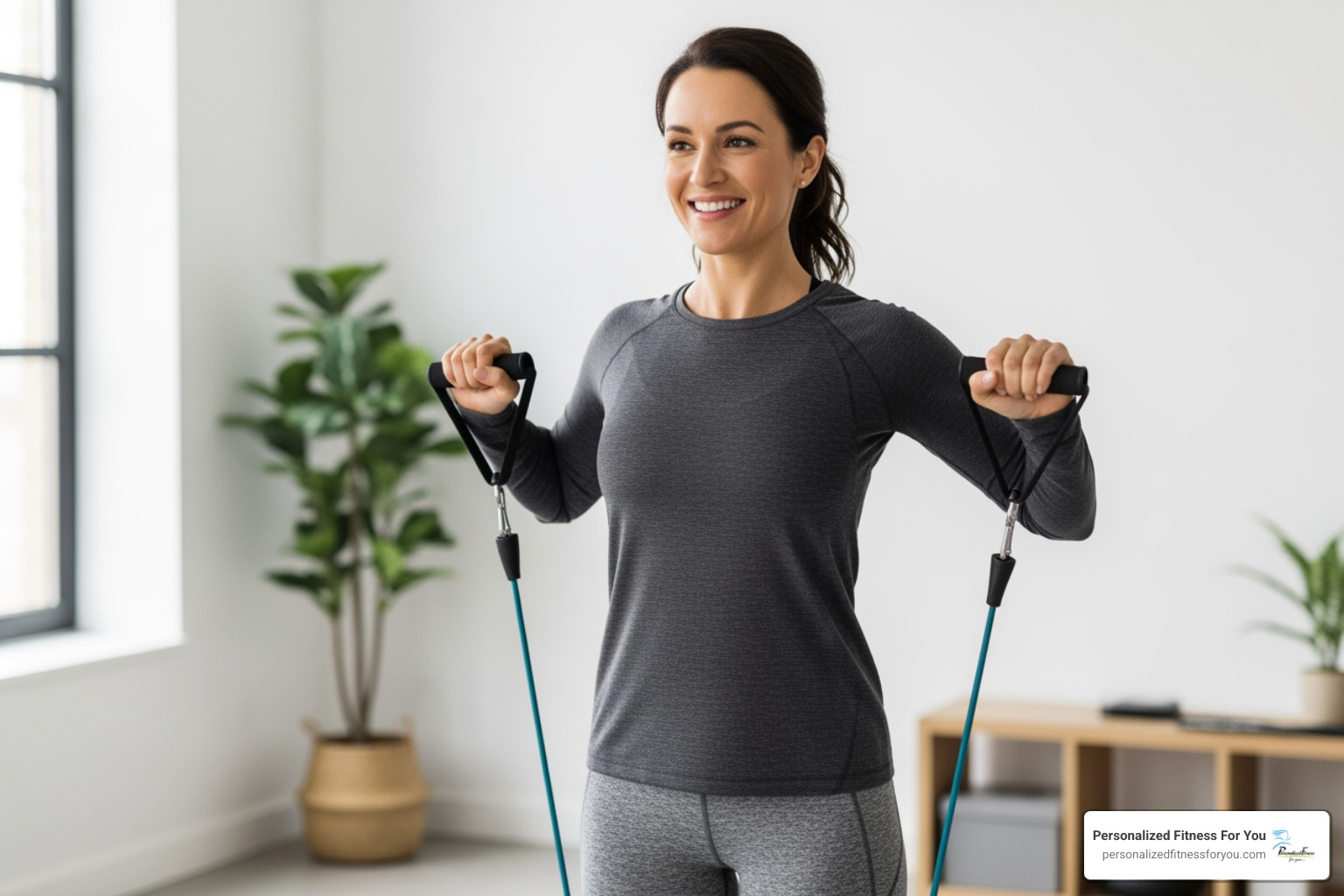 A woman with a warm smile, dressed in comfortable activewear, performing a resistance band row. She is standing with good posture, holding a resistance band, and pulling her elbows back to engage her back muscles. The setting is clean and well-lit, suggesting a supportive fitness environment. - Bone density management A woman with a warm smile, dressed in comfortable activewear, performing a resistance band row. She is standing with good posture, holding a resistance band, and pulling her elbows back to engage her back muscles. The setting is clean and well-lit, suggesting a supportive fitness environment. - Bone density management