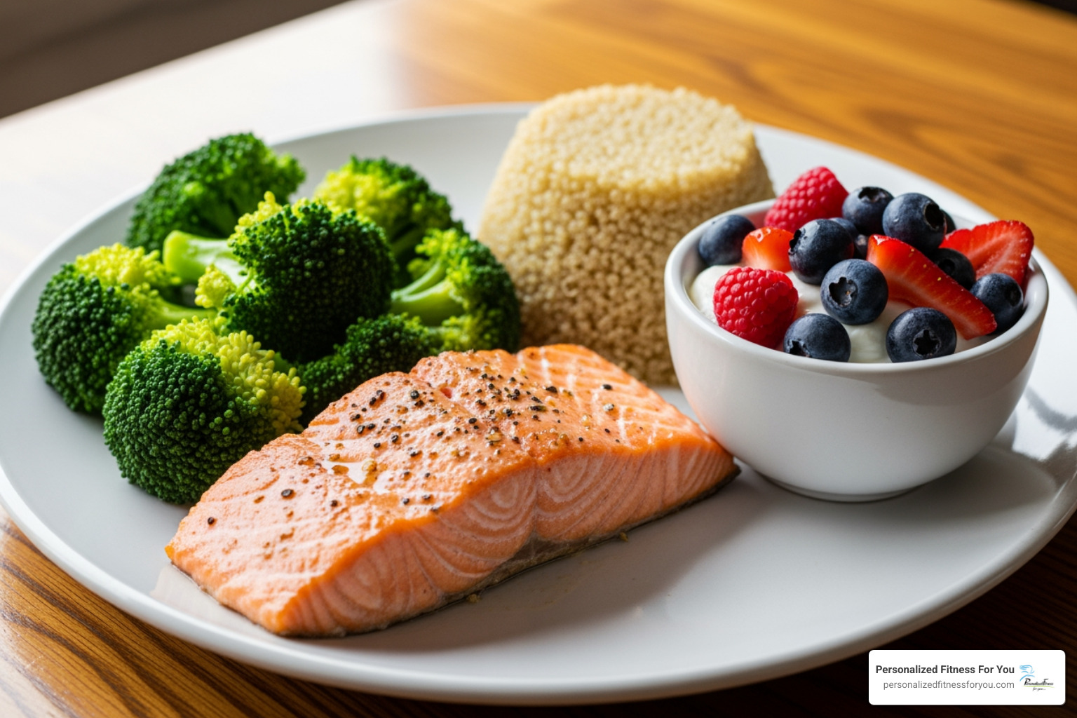 A colorful plate featuring salmon, a serving of steamed broccoli, a side of quinoa, and a small bowl of Greek yogurt with berries, all arranged appealingly to highlight bone-healthy foods. - Bone density management A colorful plate featuring salmon, a serving of steamed broccoli, a side of quinoa, and a small bowl of Greek yogurt with berries, all arranged appealingly to highlight bone-healthy foods. - Bone density management