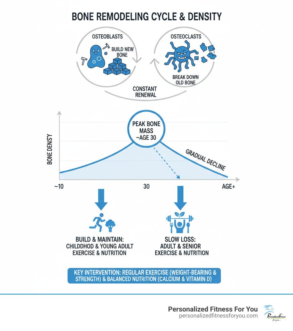 infographic showing the bone remodeling cycle with illustrations of osteoblasts building new bone and osteoclasts breaking down old bone, peak bone mass around age 30, and the gradual decline in bone density over time with key intervention points for exercise and nutrition - Bone density management infographic infographic showing the bone remodeling cycle with illustrations of osteoblasts building new bone and osteoclasts breaking down old bone, peak bone mass around age 30, and the gradual decline in bone density over time with key intervention points for exercise and nutrition - Bone density management infographic