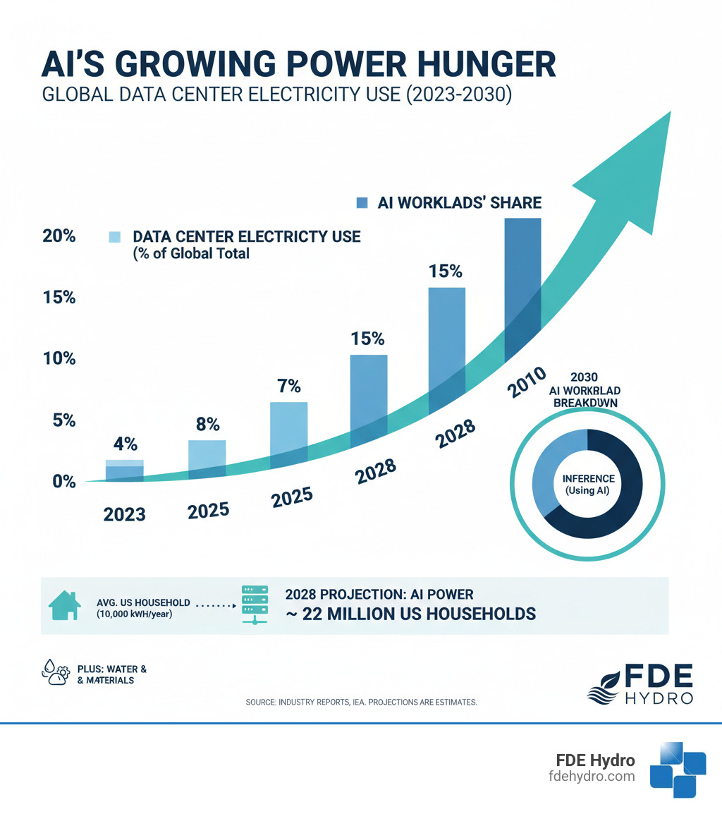 infographic showing AI energy consumption growth from 2023 to 2030, comparing data center electricity use to household consumption and showing the breakdown between training and inference workloads - AI energy resource infographic 