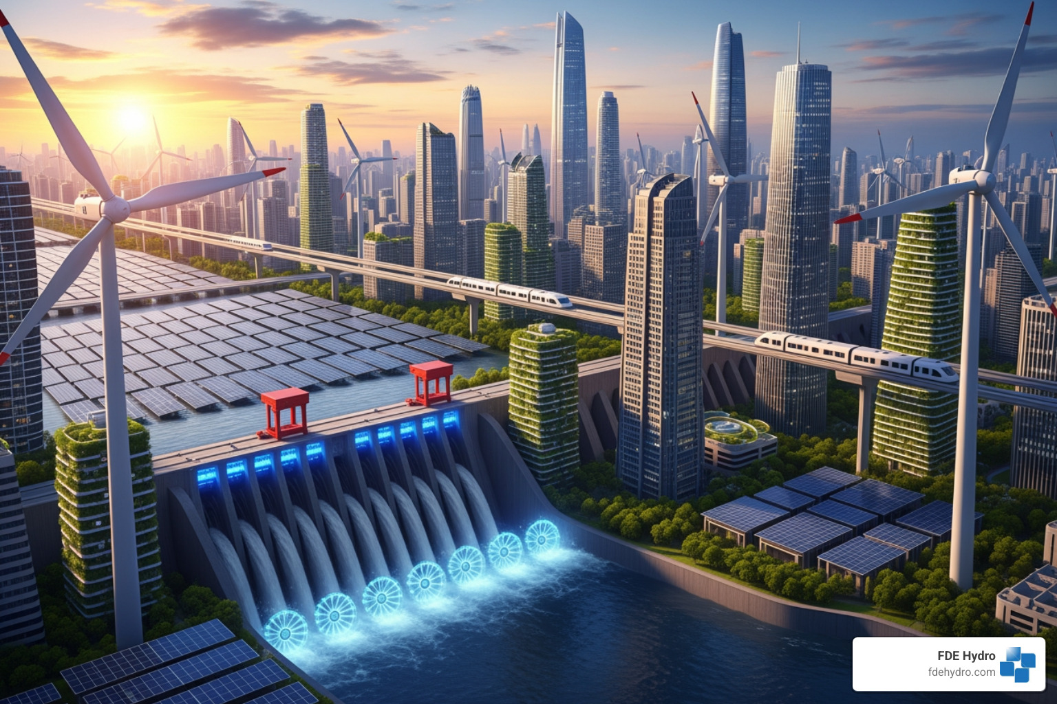 hydropower plants, wind turbines, and solar panels powering a futuristic city skyline - AI energy resource