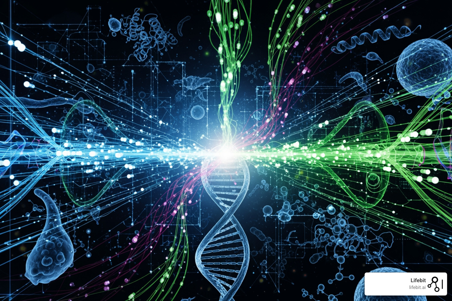 A researcher interacting with an intuitive data analysis dashboard, showing visualizations of multi-omics data with AI-powered insights and natural language query input fields. - How to Drive Innovation in Omics Data Analysis