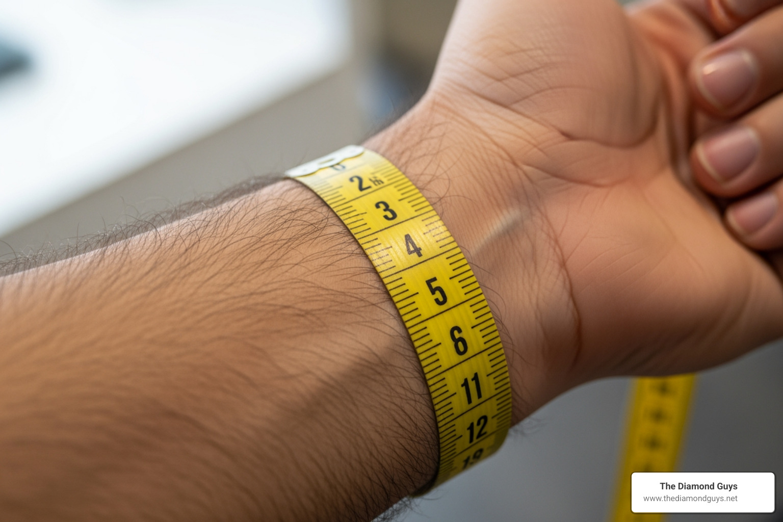 A man's wrist being measured with a tape measure, highlighting the importance of correct bracelet sizing - men's tennis bracelet silver