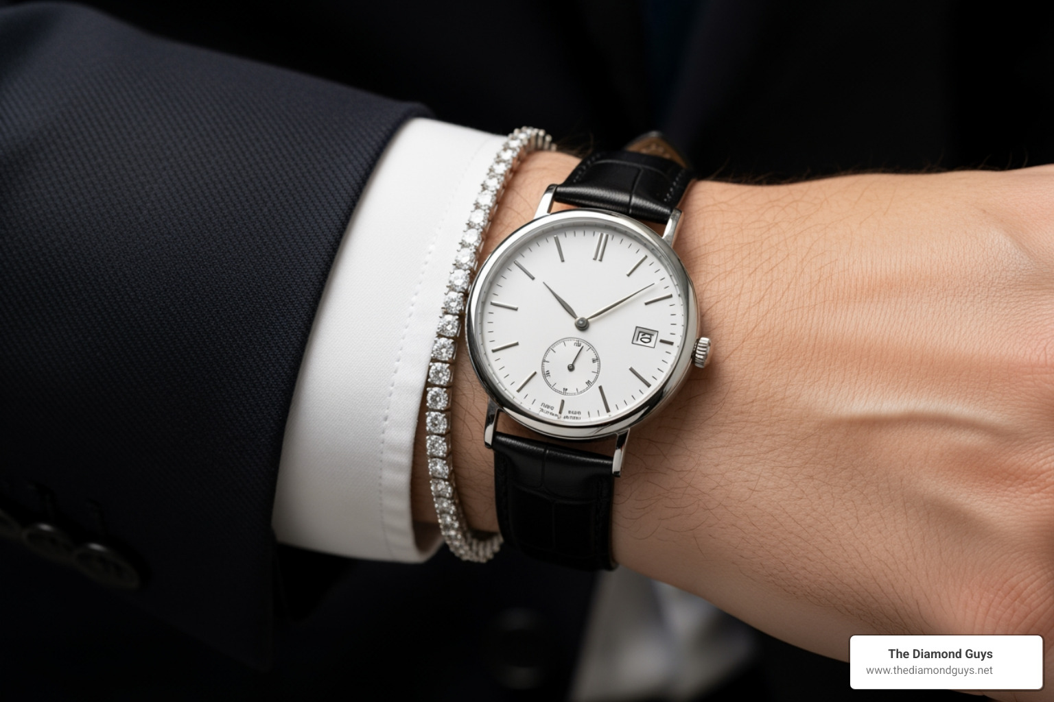 A man's wrist, partially obscured by a suit cuff, showing a silver tennis bracelet paired with a classic watch - men's tennis bracelet silver